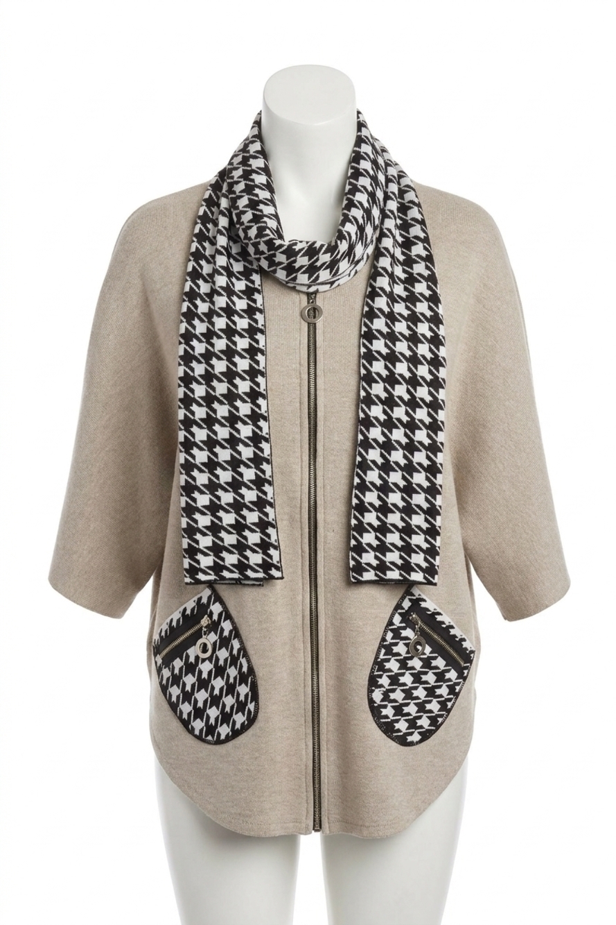 NEW ANGEL houndstooth poncho sweater in stone/black